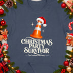 Christmas Party Survivor text with traffic cone wearing Santa hat on blue t-shirt.