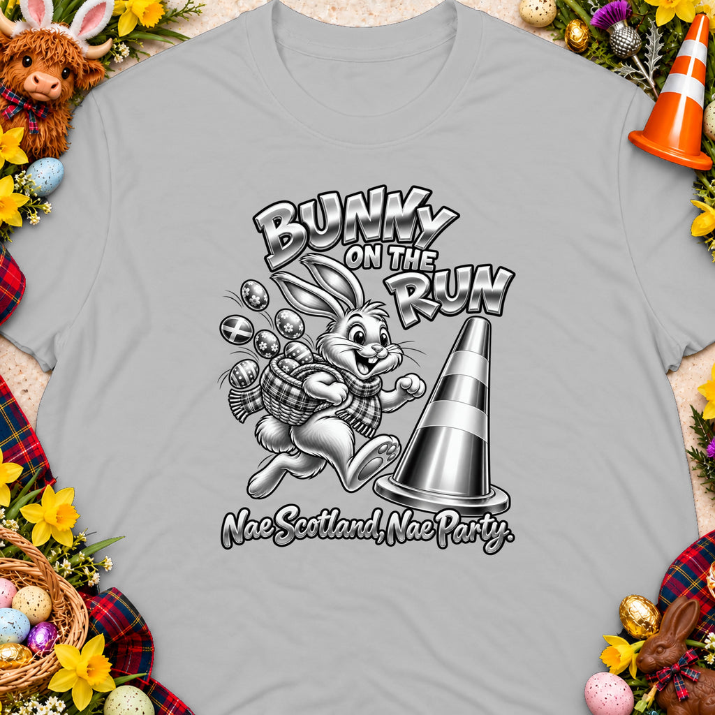 Bunny on the Run graphic with eggs, a cone, and text "Nae Scotland, Nae Party".