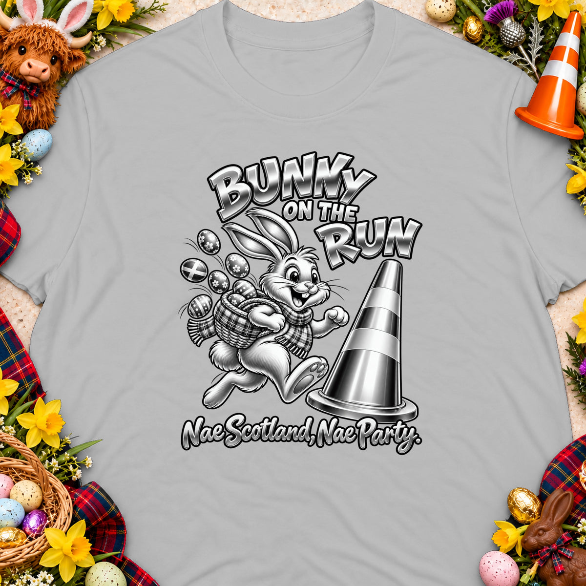 Bunny on the Run graphic with eggs, a cone, and text "Nae Scotland, Nae Party".