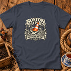 A dark grey t-shirt featuring a graphic with the text Boston Tea Party and Nae Scotland, Nae Party.