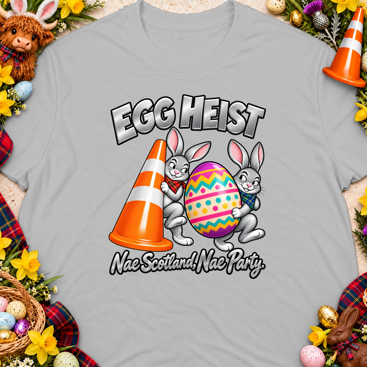 T-shirt with "Egg Heist" text and two rabbits stealing a colorful egg.