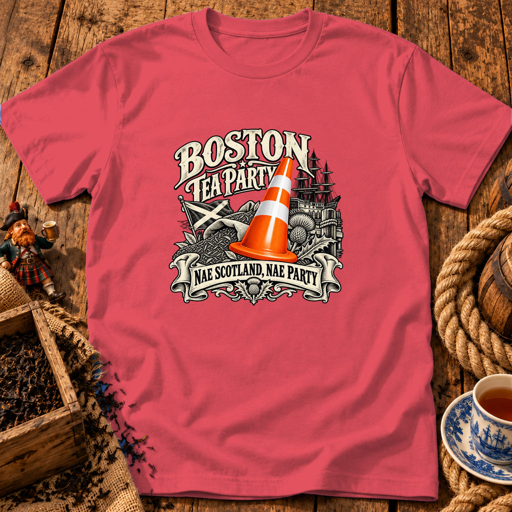Pink t-shirt with a graphic of a traffic cone, Scottish flag, and text reading Boston Tea Party Nae Scotland, Nae Party.