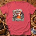 Pink t-shirt with a graphic of a traffic cone, Scottish flag, and text reading Boston Tea Party Nae Scotland, Nae Party.