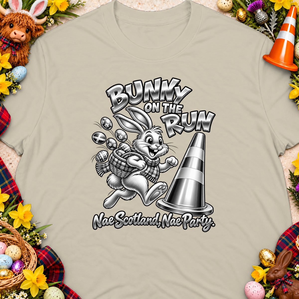 Bunny on the run graphic with text "Nae Scotland, Nae Party."