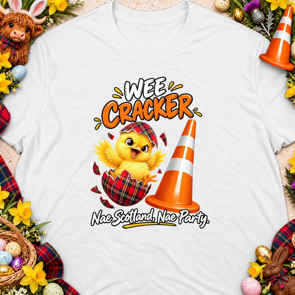 Easter chick in a tartan eggshell next to a traffic cone with text "Nae Scotland, Nae Party".