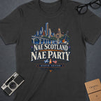 Dark t-shirt with "Nae Scotland Nae Party Austin Edition" graphic.