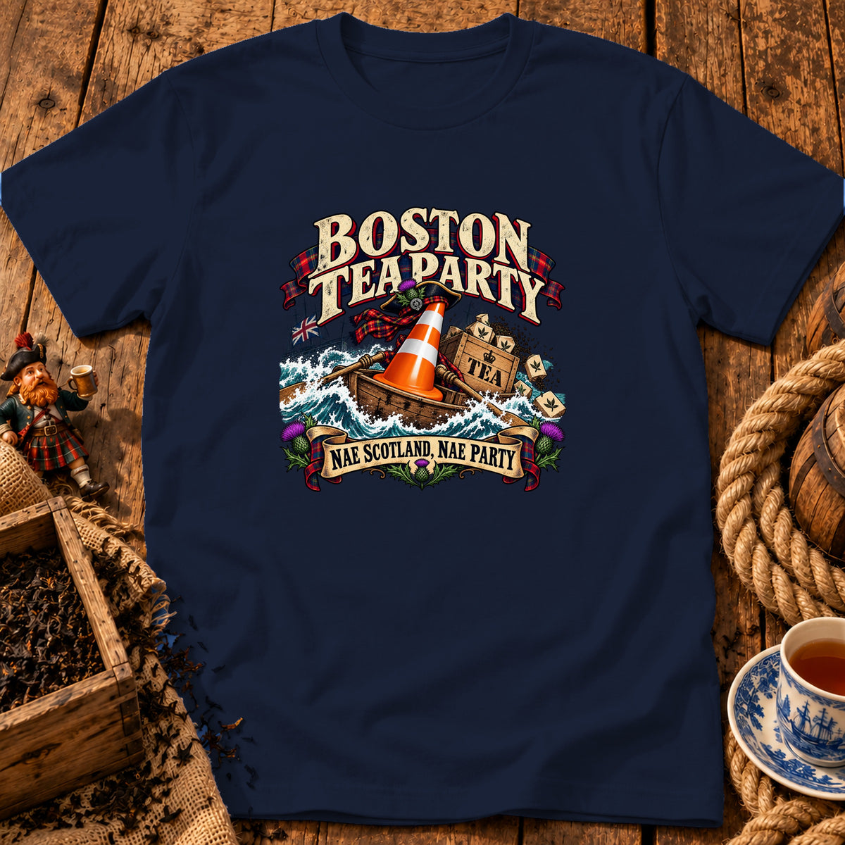 A navy blue t-shirt printed with Boston Tea Party graphic featuring a traffic cone in a boat.