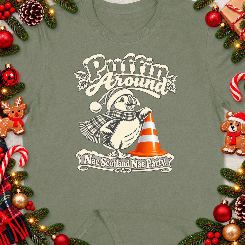 Puffin wearing a Santa hat and scarf, with "Puffin Around" and "Nae Scotland Nae Party" text.