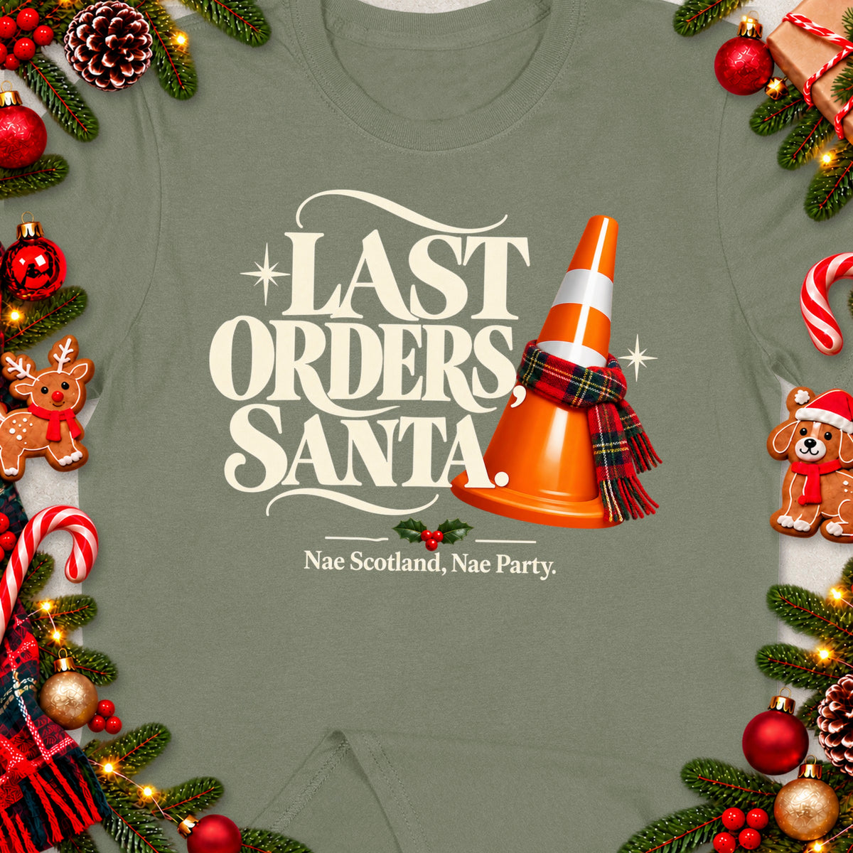 T-shirt with "LAST ORDERS SANTA" text and a traffic cone wearing a scarf.