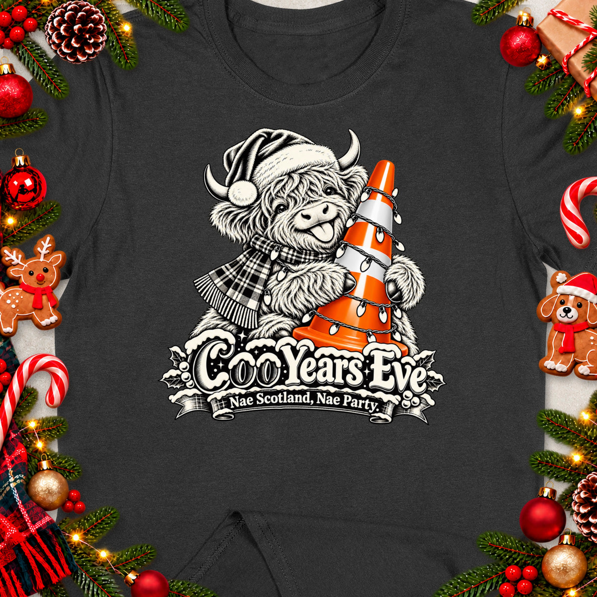 Highland cow in Santa hat holding traffic cone with lights, text reads "CooYears Eve Nae Scotland, Nae Party."