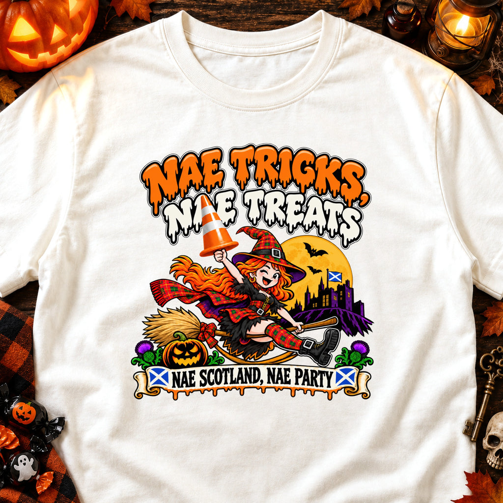 Witch on broom with Scottish symbols and text "Nae Tricks Nae Treats Nae Scotland Nae Party".