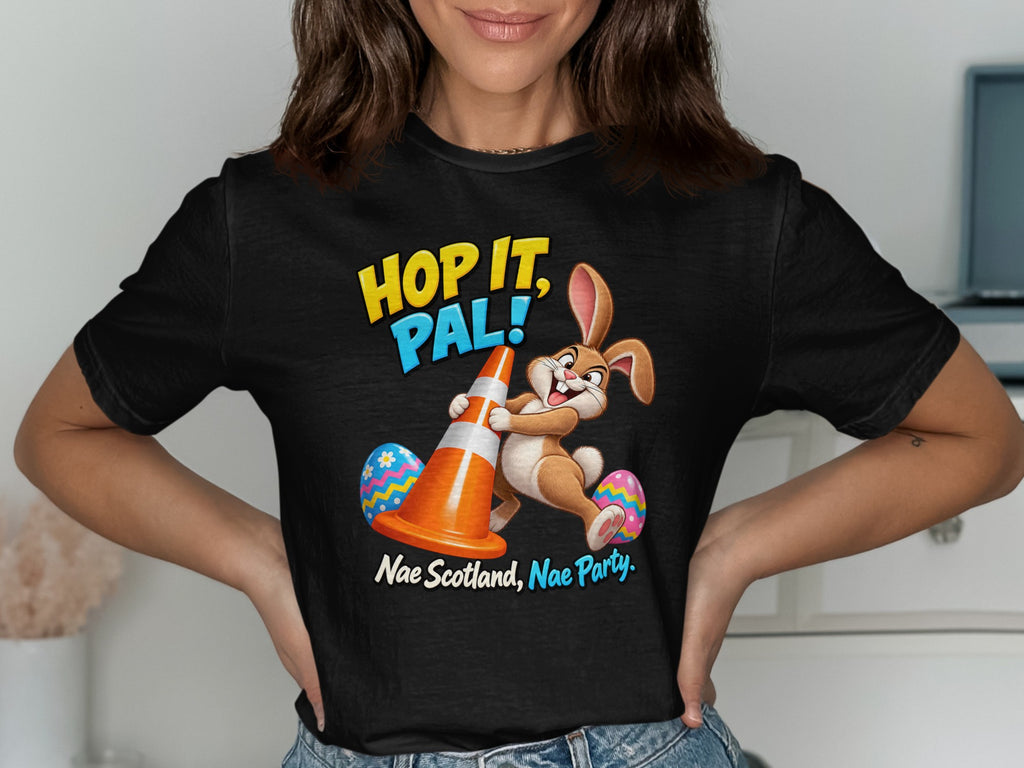 Rabbit with traffic cone and Easter eggs, "Hop it, Pal!" text.