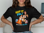 Rabbit with traffic cone and Easter eggs, "Hop it, Pal!" text.