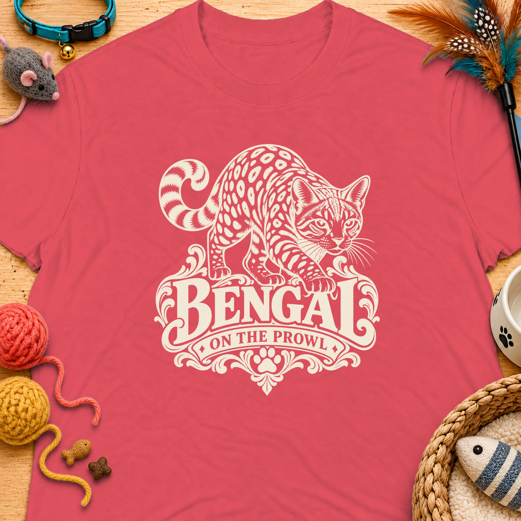 Bengal cat graphic on a pink t-shirt with text "Bengal On The Prowl".