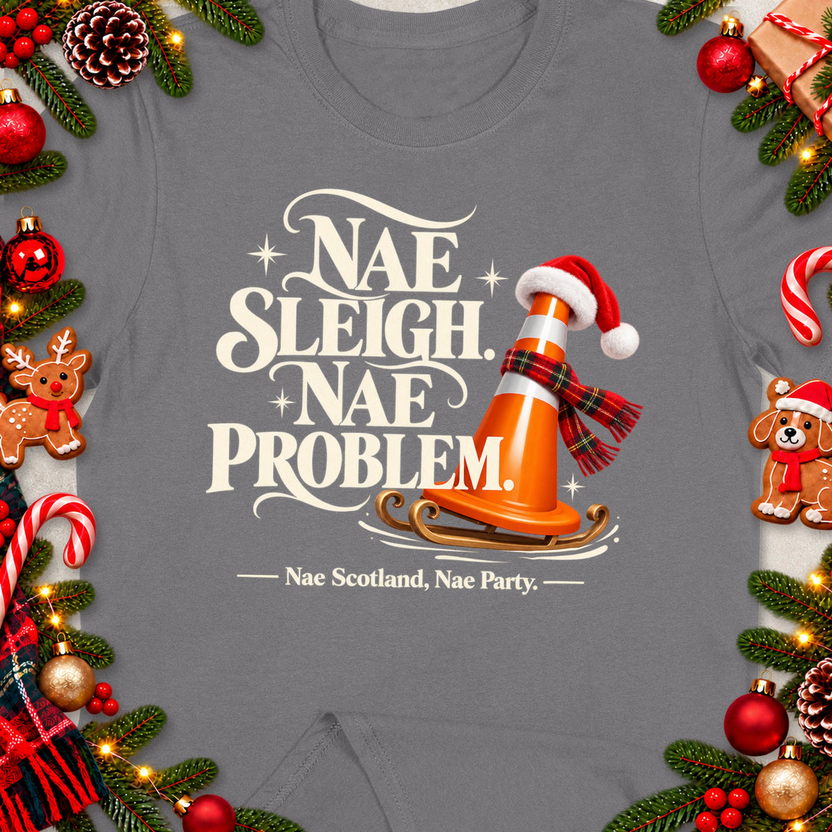 T-shirt with "Nae Sleigh. Nae Problem." and a traffic cone on a sleigh.