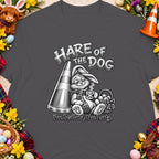 Tired bunny with coffee cup, Easter eggs, and traffic cone on t-shirt.