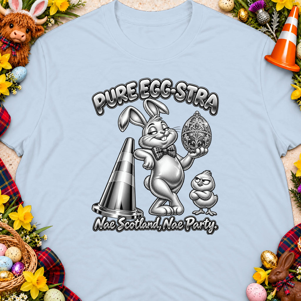 T-shirt graphic with bunny holding ornate egg, text "PURE EGG-STRA Nae Scotland, Nae Party."