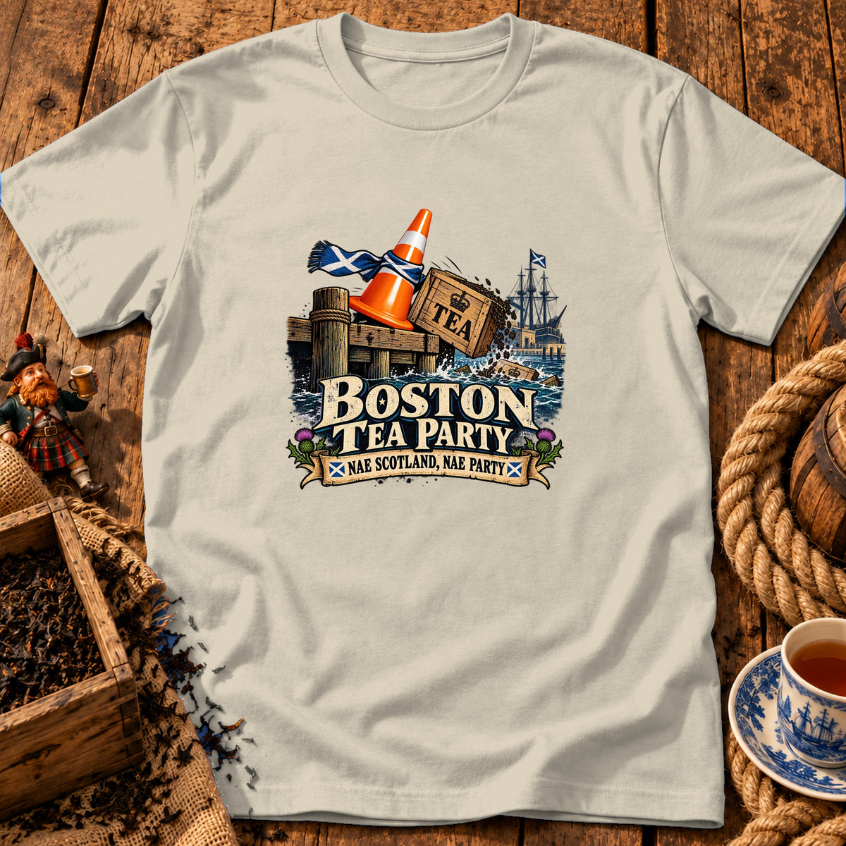 Beige t-shirt featuring a graphic with a traffic cone, ship, and text reading Boston Tea Party.