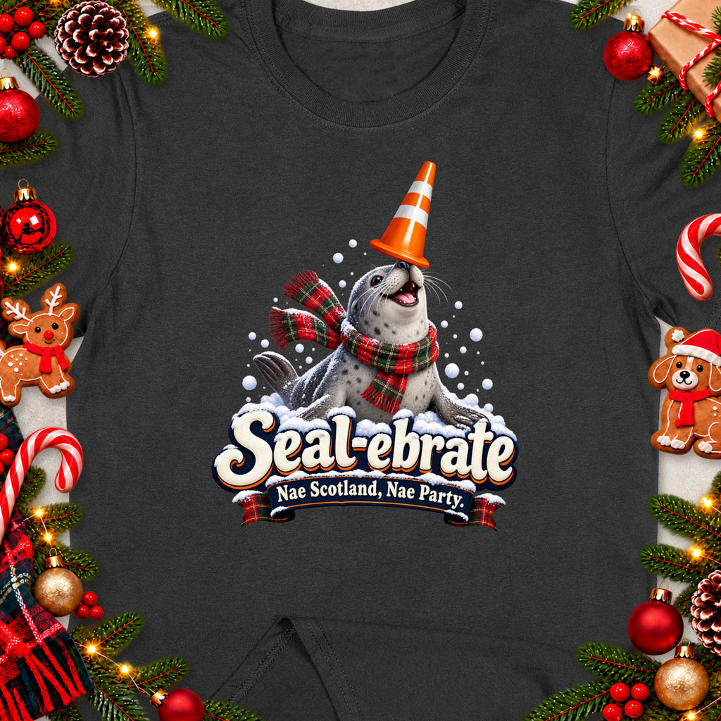 Seal with a traffic cone and scarf, text "Seal-ebrate Nae Scotland, Nae Party."