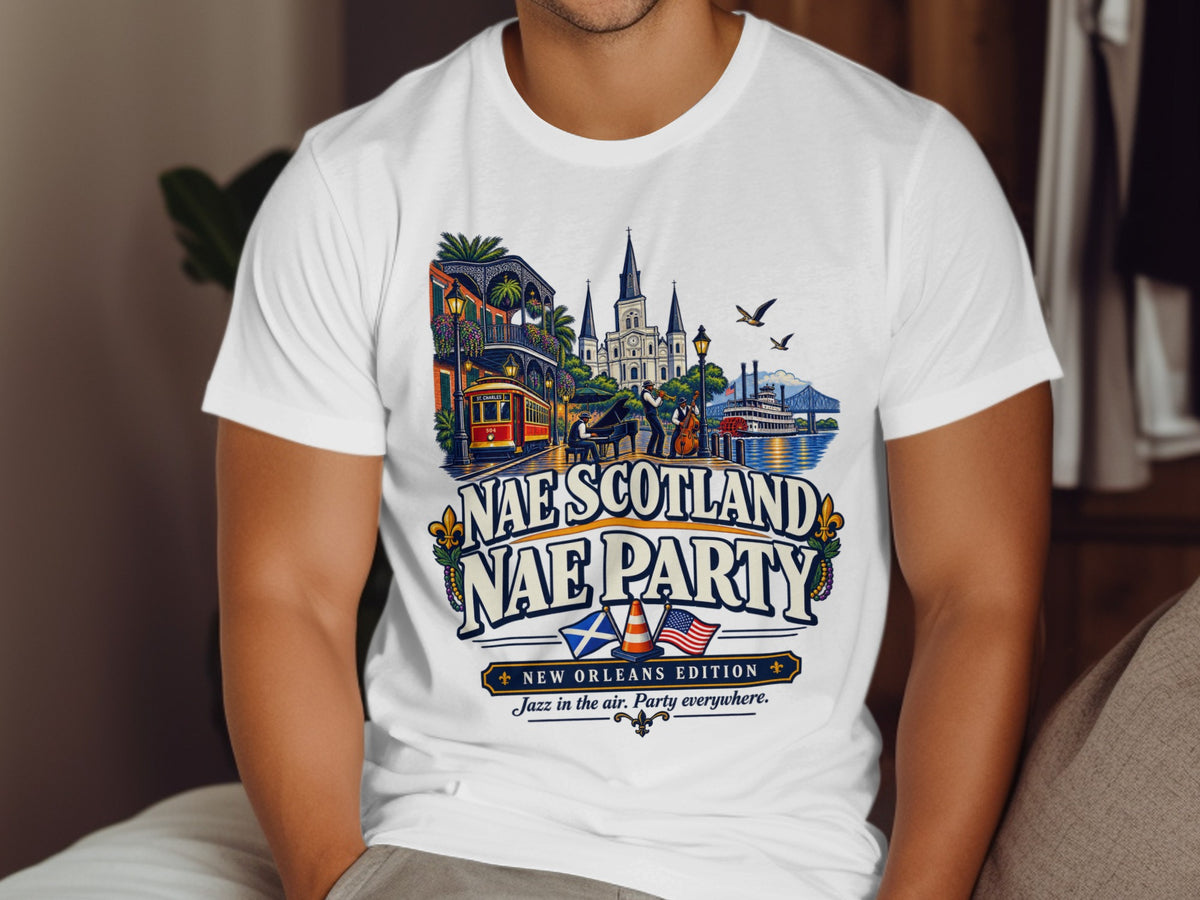 T-shirt with New Orleans scene: streetcar, jazz band, cathedral, paddleboat, text "Nae Scotland Nae Party".