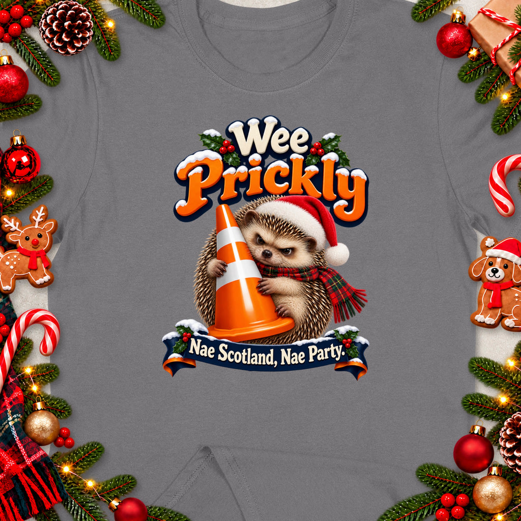 Hedgehog wearing Santa hat holding traffic cone, text "Wee Prickly Nae Scotland, Nae Party."