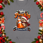 Hedgehog wearing Santa hat holding traffic cone, text "Wee Prickly Nae Scotland, Nae Party."