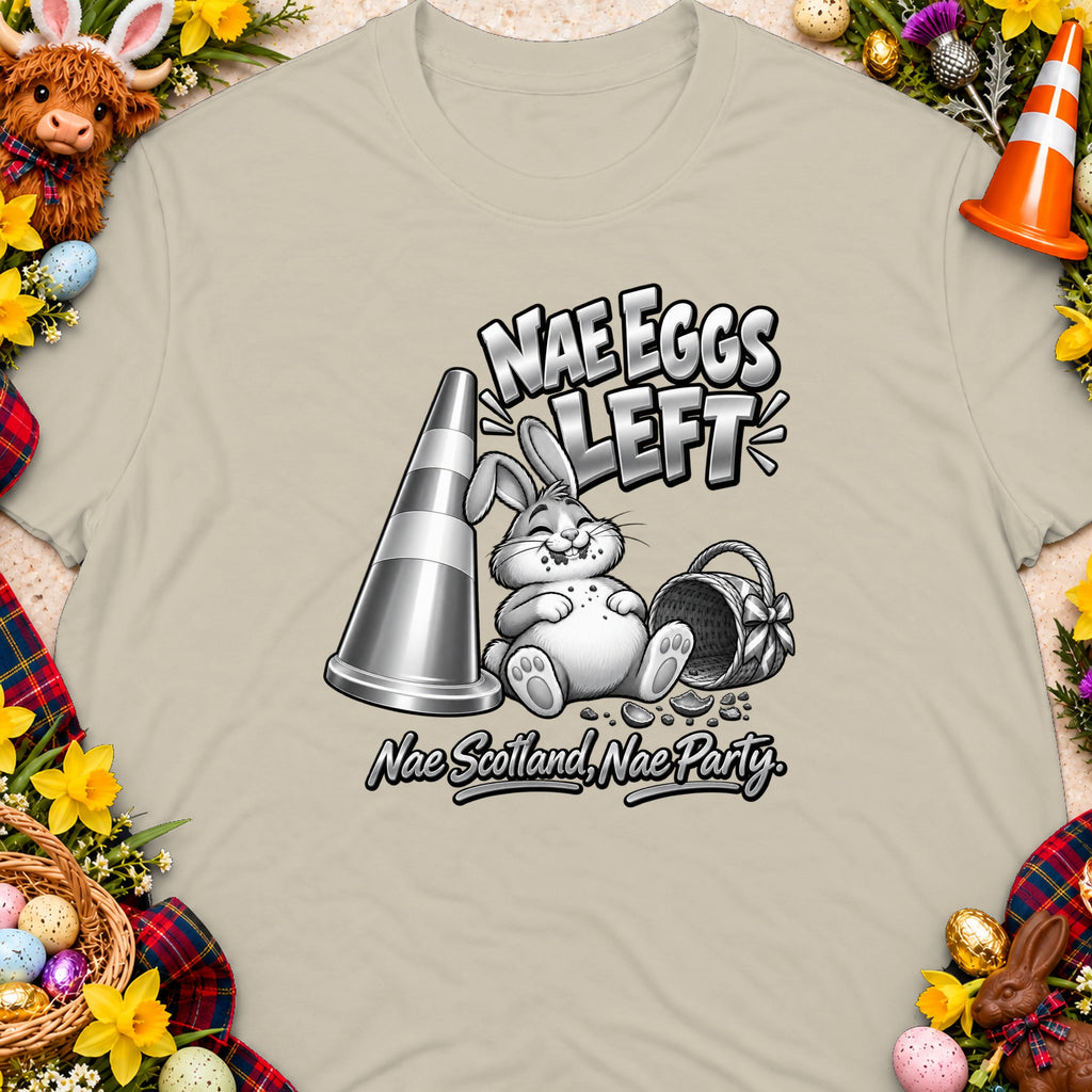 T-shirt graphic with a cartoon bunny, traffic cone, and text "Nae Eggs Left."