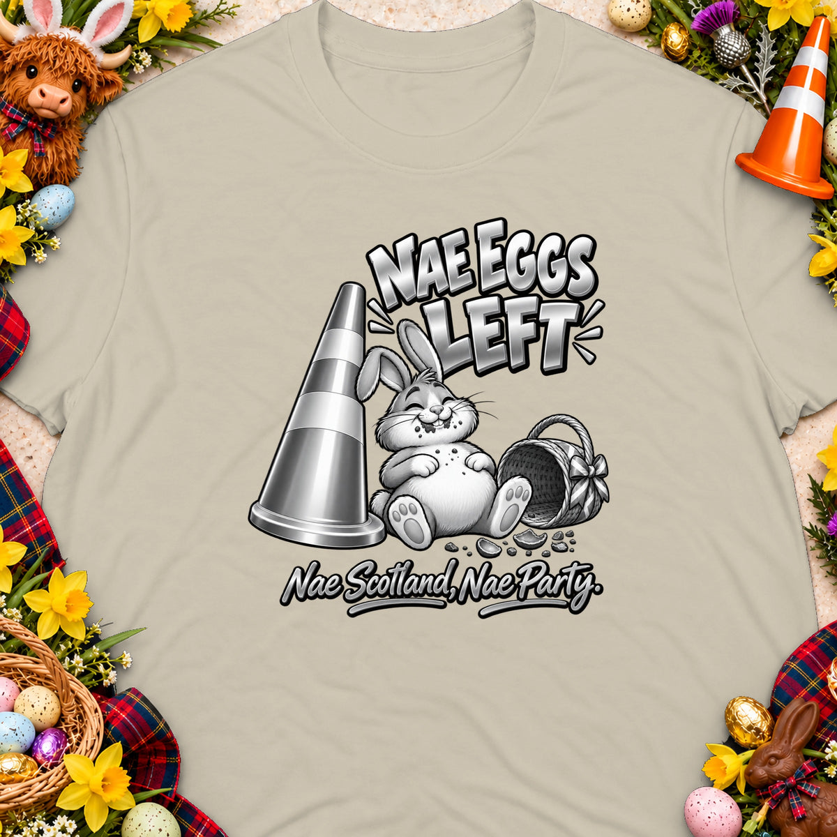 T-shirt graphic with a cartoon bunny, traffic cone, and text "Nae Eggs Left."