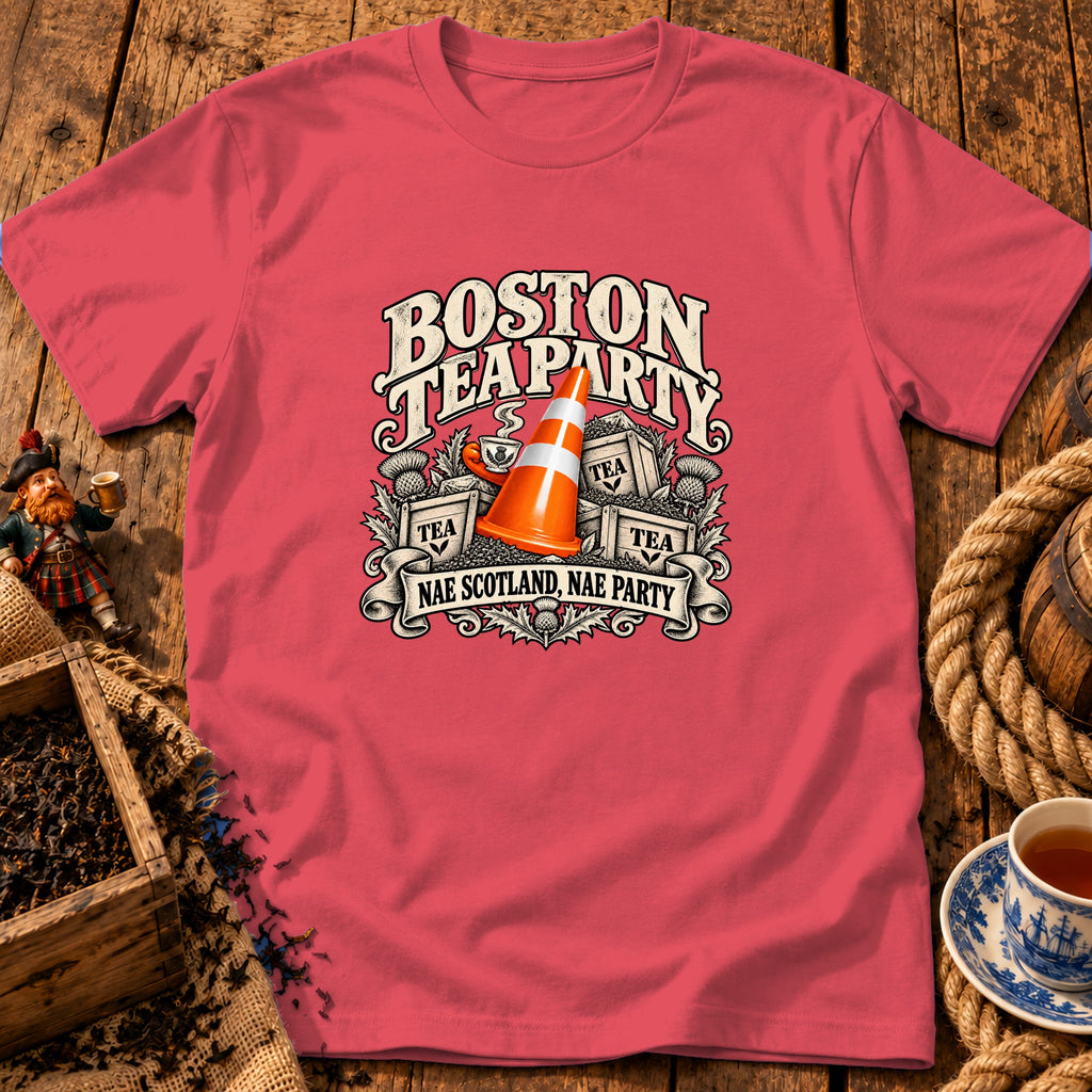 Coral-pink short-sleeve crewneck t-shirt featuring a graphic with a traffic cone, tea crates, and text.