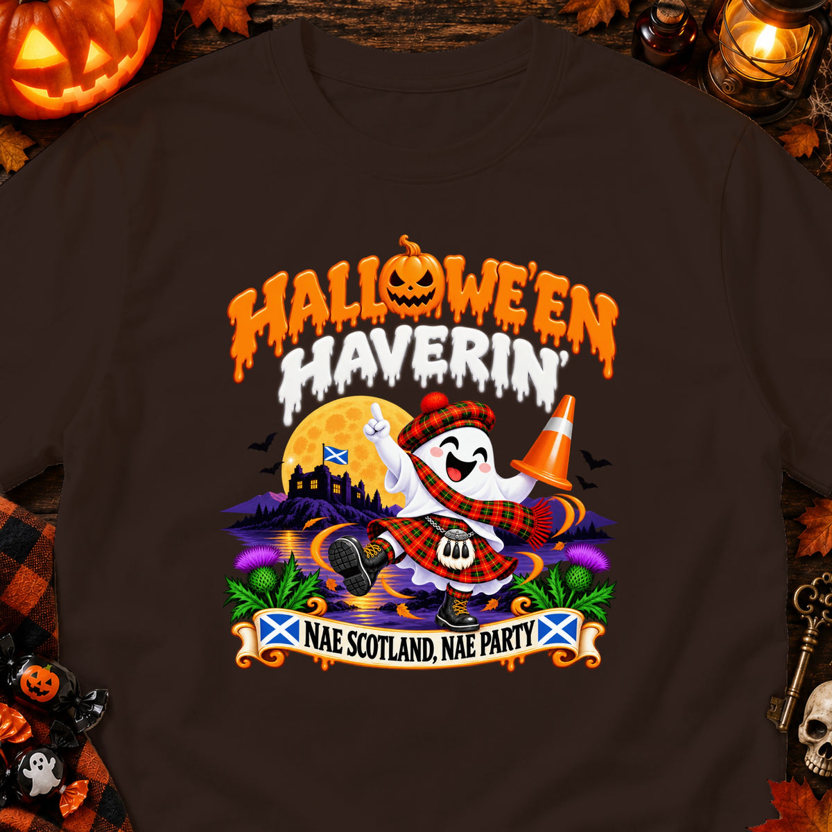 Ghost in Scottish kilt and tartan scarf with text "Halloween Haverin' Nae Scotland, Nae Party".