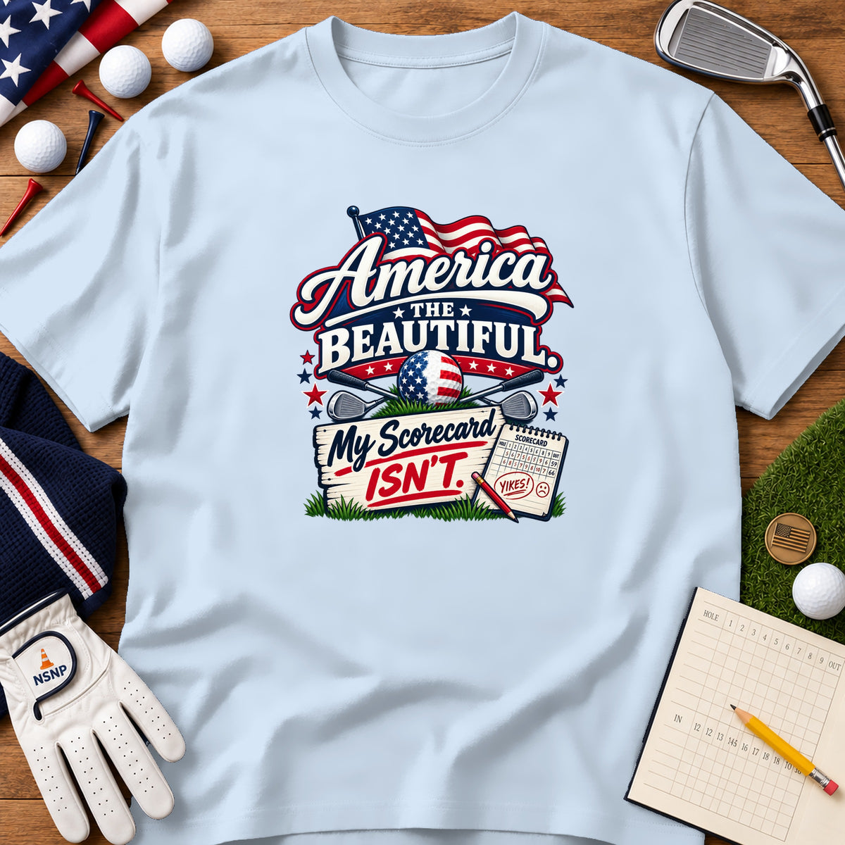 Light blue t-shirt featuring a patriotic golf graphic with text that reads America the Beautiful My Scorecard Isn't.