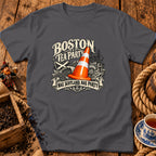 A dark gray t-shirt featuring a vintage-style graphic of a traffic cone, ship, and text reading Boston Tea Party and Nae Scotland, Nae Party.