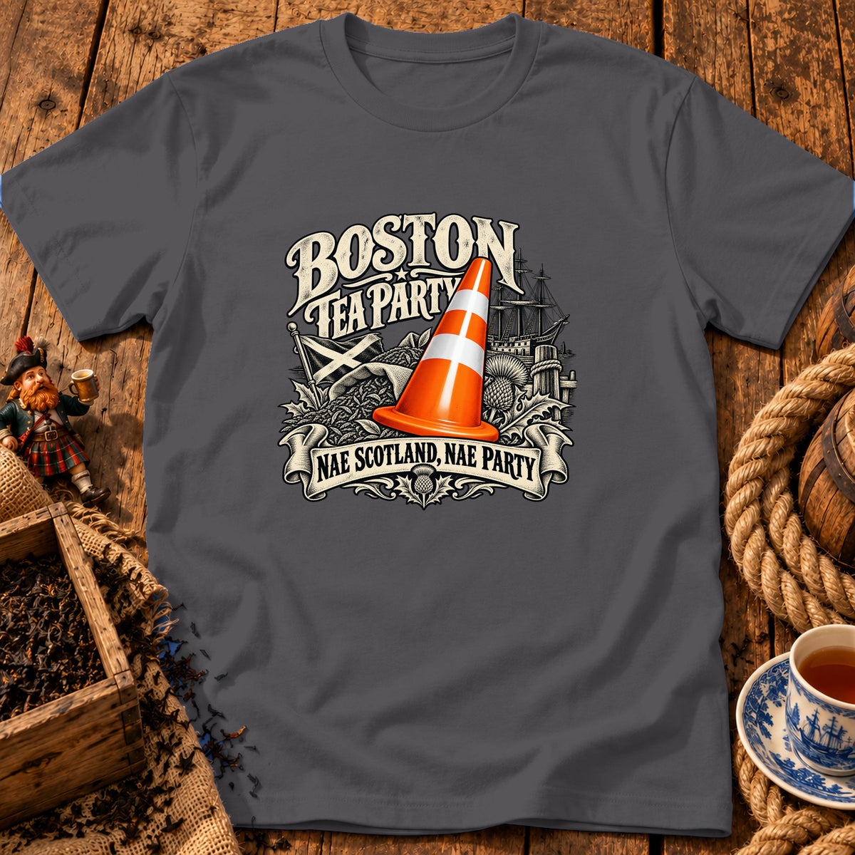 A dark gray t-shirt featuring a vintage-style graphic of a traffic cone, ship, and text reading Boston Tea Party and Nae Scotland, Nae Party.