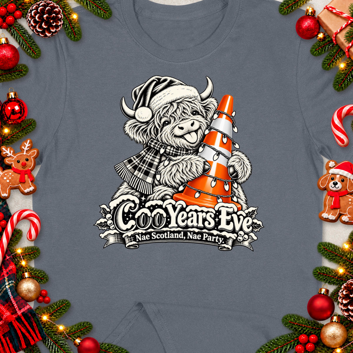 Scottish Highland cow wearing Santa hat holding traffic cone with lights, text: CooYears Eve, Nae Scotland, Nae Party.
