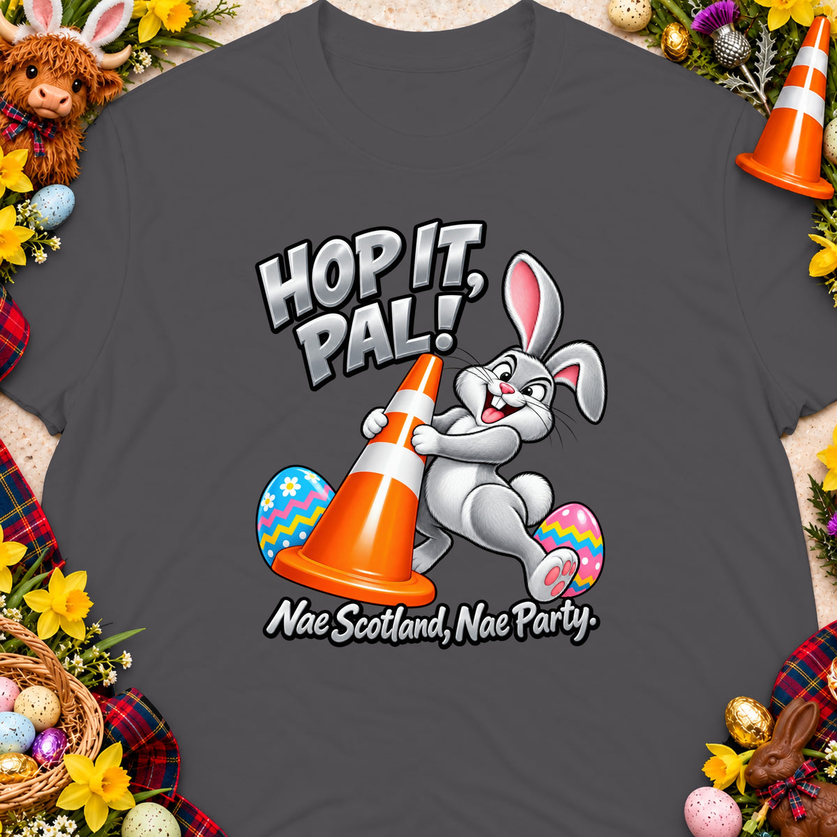 Cartoon bunny holding traffic cone with text "Hop It, Pal!" and "Nae Scotland, Nae Party."