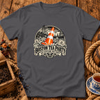 Dark grey t-shirt featuring a humorous graphic of a traffic cone in Boston Harbor with text reading Boston Tea Party Nae Scotland, Nae Party.