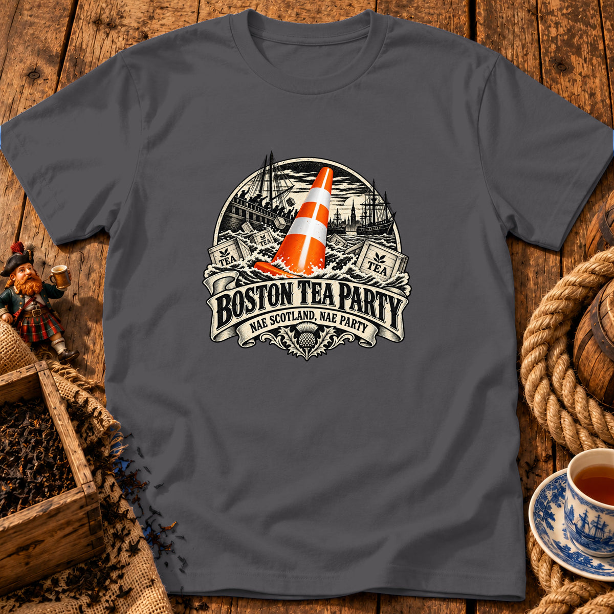 Dark grey t-shirt featuring a humorous graphic of a traffic cone in Boston Harbor with text reading Boston Tea Party Nae Scotland, Nae Party.
