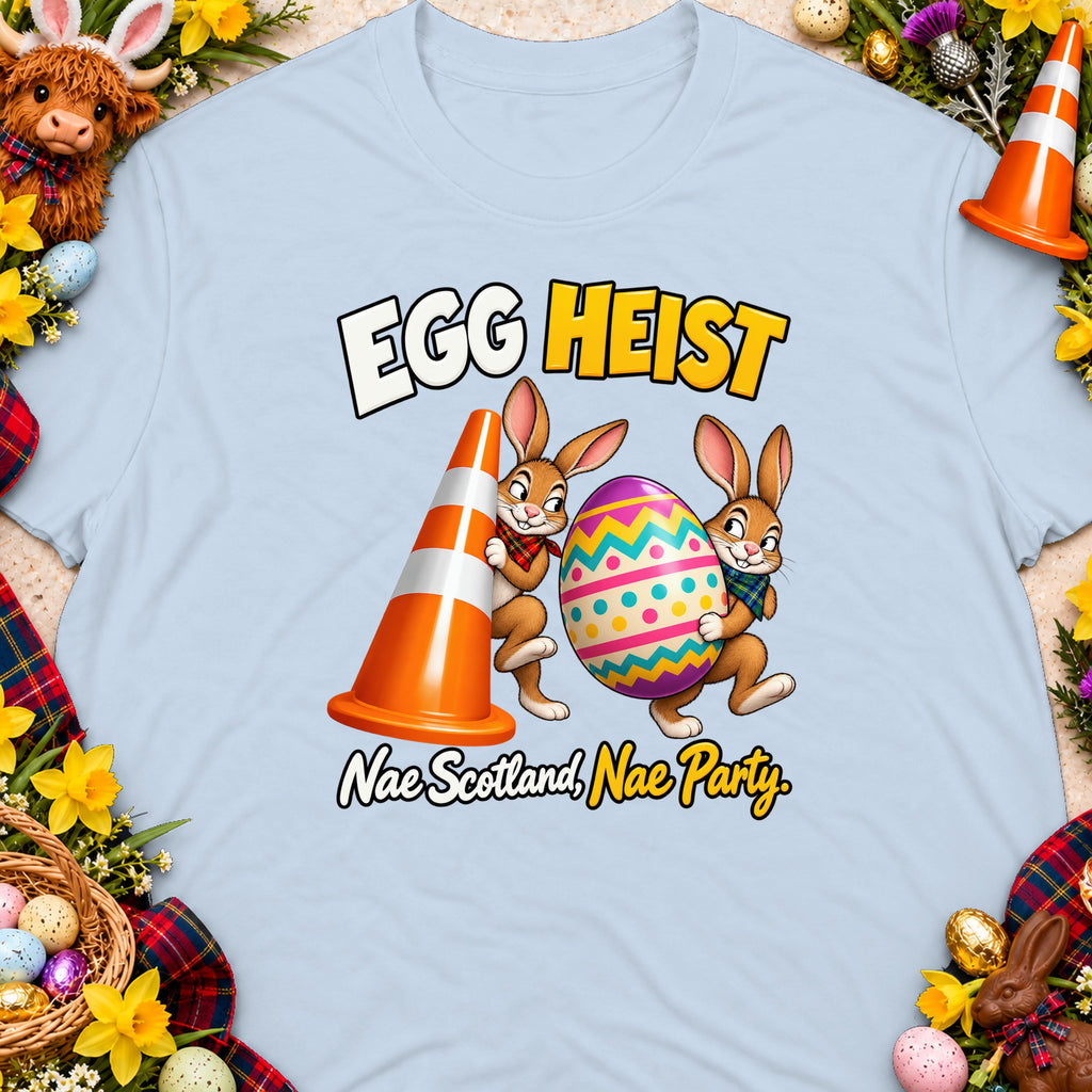 Two cartoon bunnies carry an Easter egg, with text "EGG HEIST" and "Nae Scotland, Nae Party".