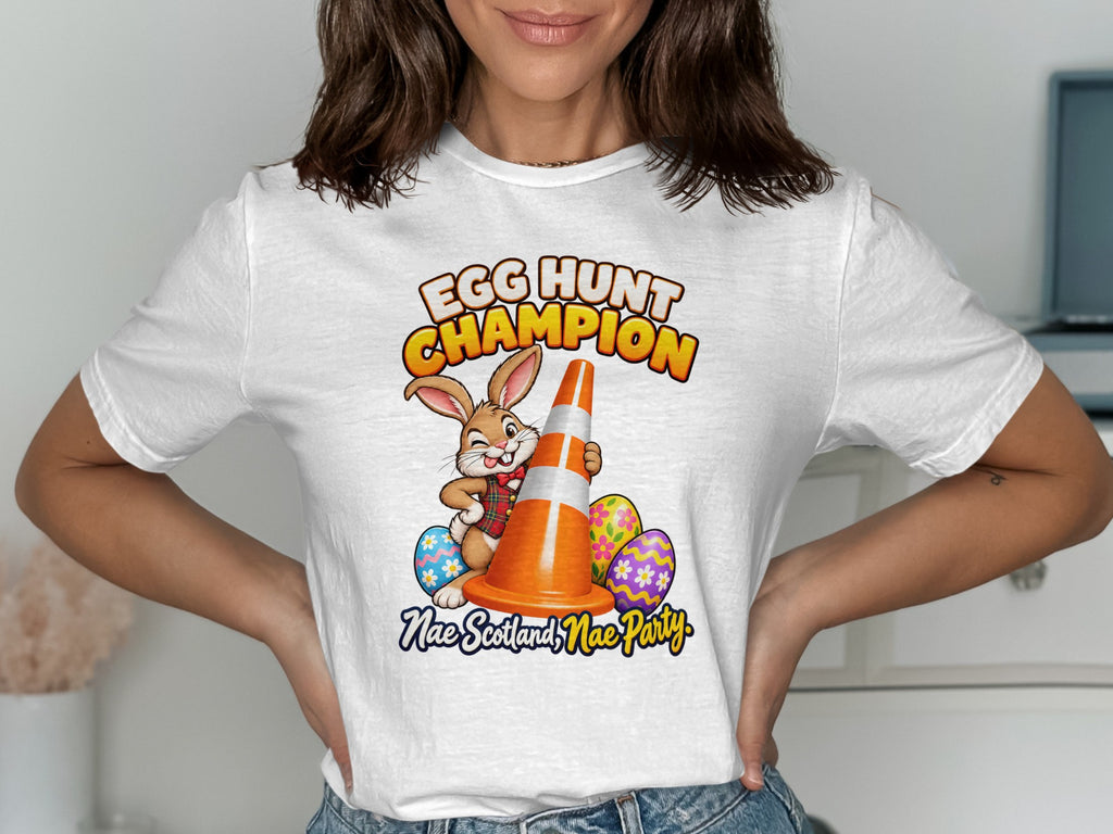 T-shirt graphic with a rabbit, traffic cone, Easter eggs, and text "Egg Hunt Champion".