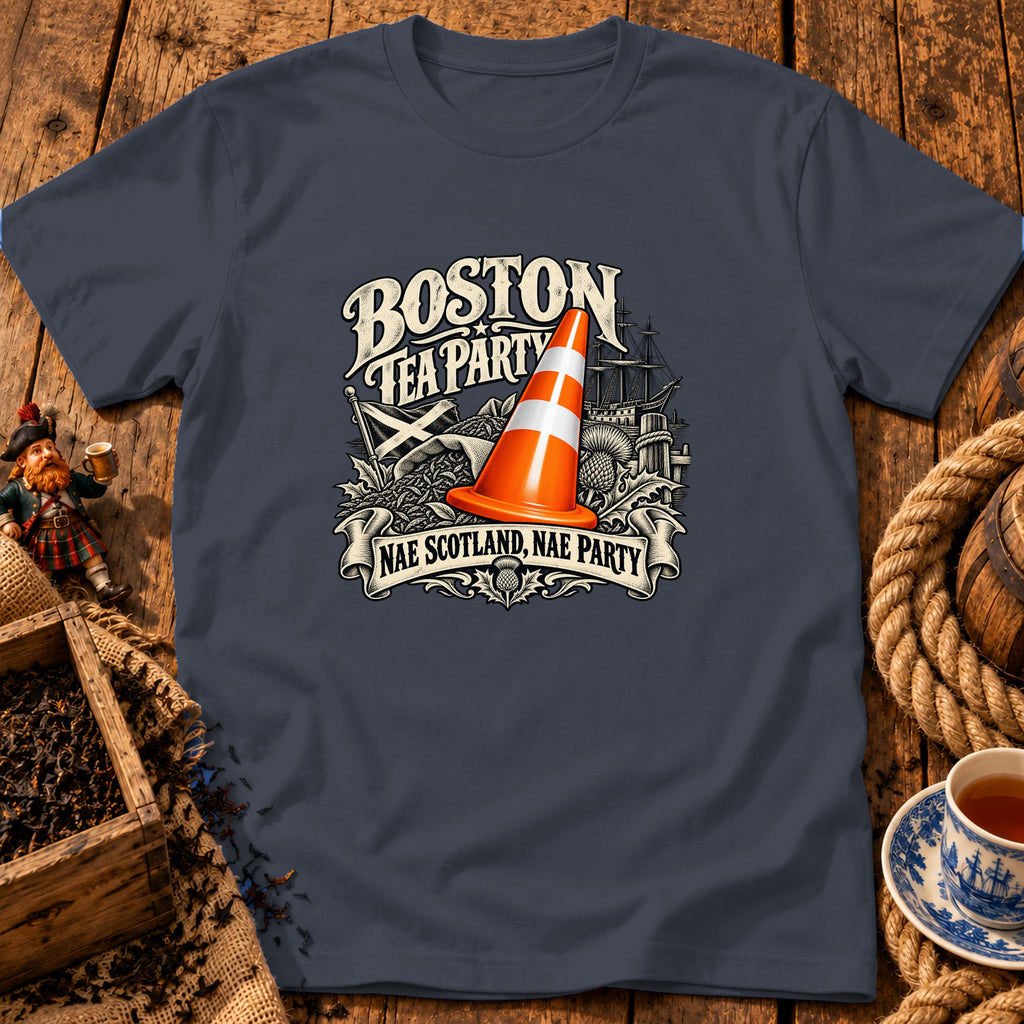 A dark gray t-shirt featuring a Boston Tea Party graphic with a traffic cone replacing the tea.
