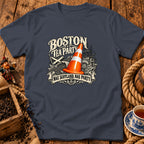 A dark gray t-shirt featuring a Boston Tea Party graphic with a traffic cone replacing the tea.