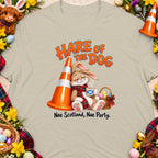 Rabbit leaning on traffic cone with "Hare of the Dog" text.
