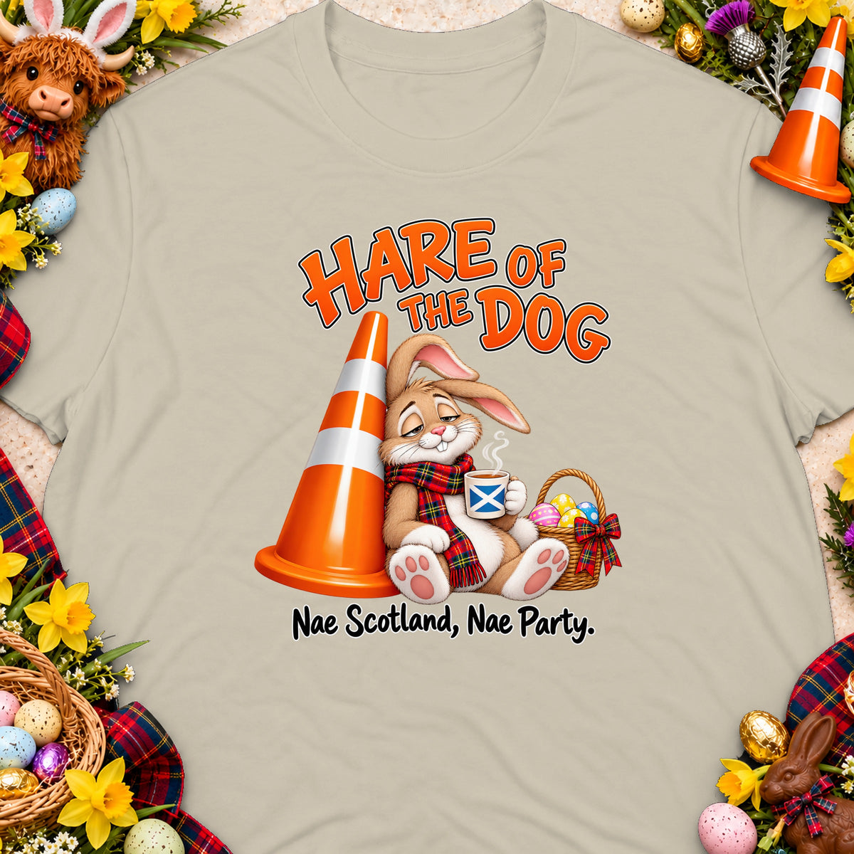 Rabbit leaning on traffic cone with "Hare of the Dog" text.