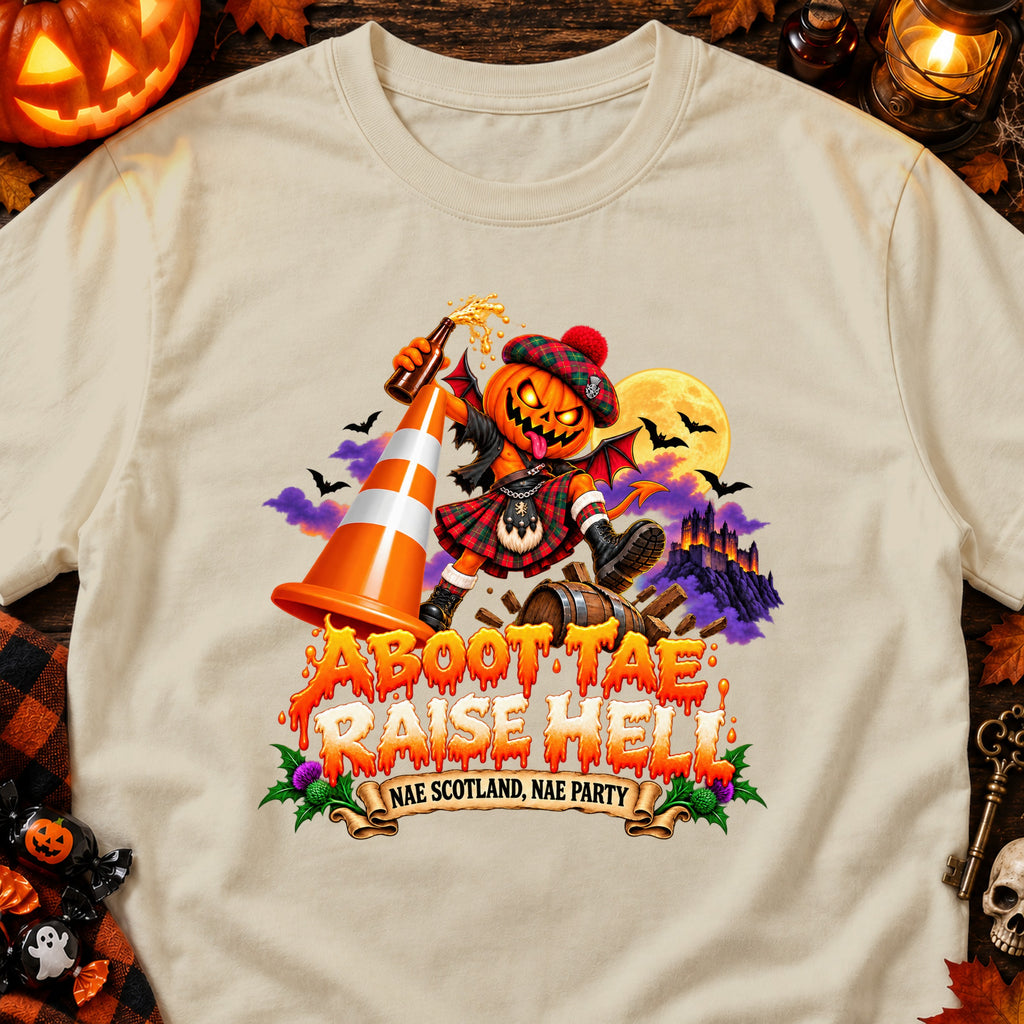 Halloween pumpkin character in kilt with "ABOOT TAE RAISE HELL" text.