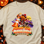 Halloween pumpkin character in kilt with "ABOOT TAE RAISE HELL" text.