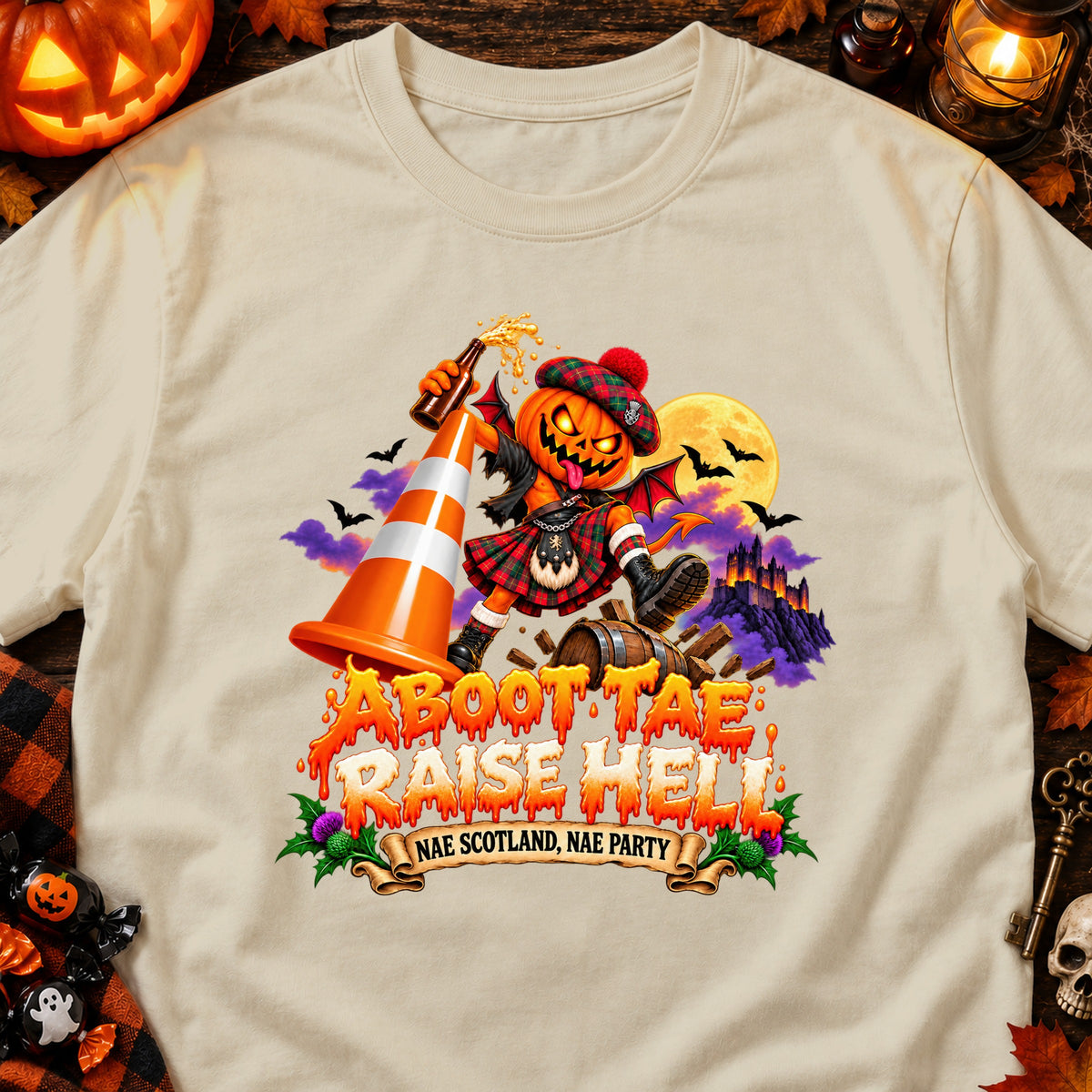 Halloween pumpkin character in kilt with "ABOOT TAE RAISE HELL" text.