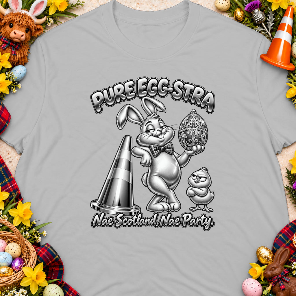 Bunny with egg, chick, and traffic cone with text "PURE EGG-STRA Nae Scotland, Nae Party."