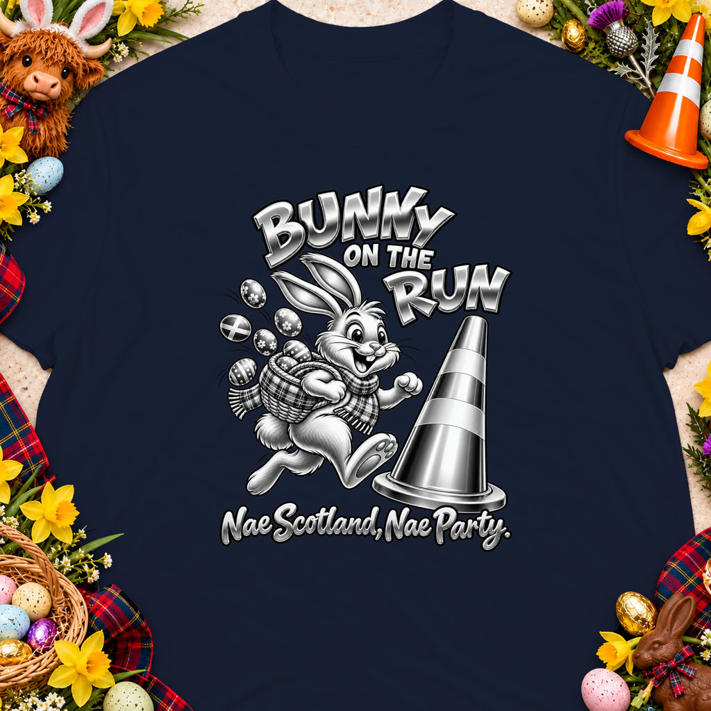 Bunny on the Run graphic with Easter eggs, tartan, and flowers on a dark shirt.
