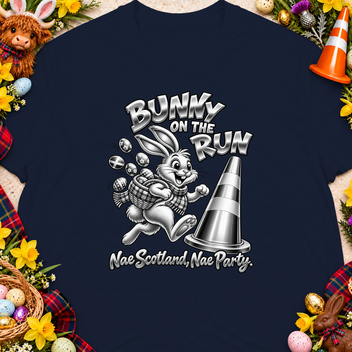 Bunny on the Run graphic with Easter eggs, tartan, and flowers on a dark shirt.
