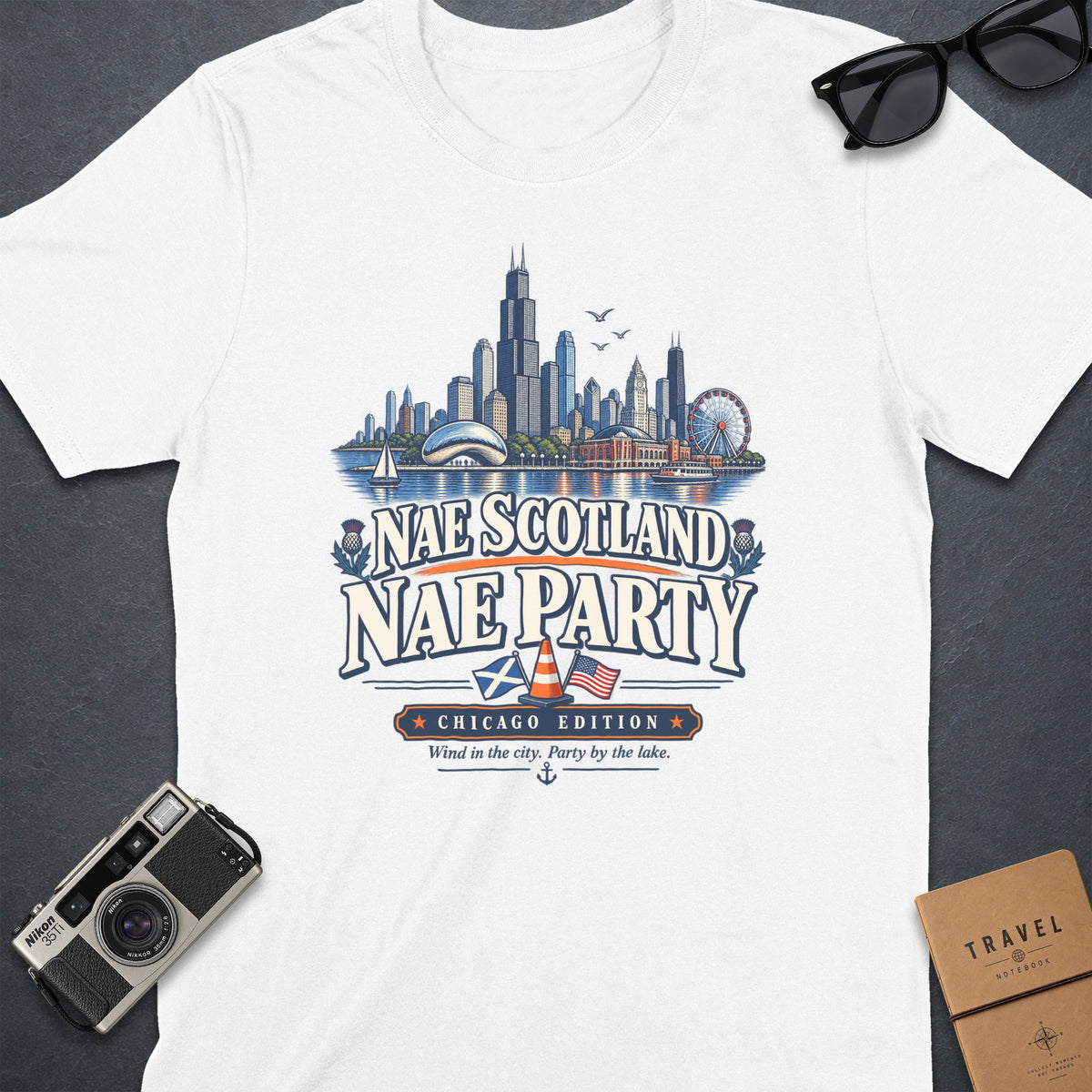 White t-shirt with Chicago skyline graphic and text "Nae Scotland Nae Party".